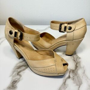 FRYE Agatha Beige Yellow Pastel Distressed Leather Peep Toe Block Heels, 6.5